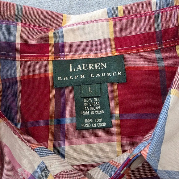 Lauren Ralph Lauren Womens Red Multi Plaid 100% Silk Button Down Shirt Large - Picture 3 of 8